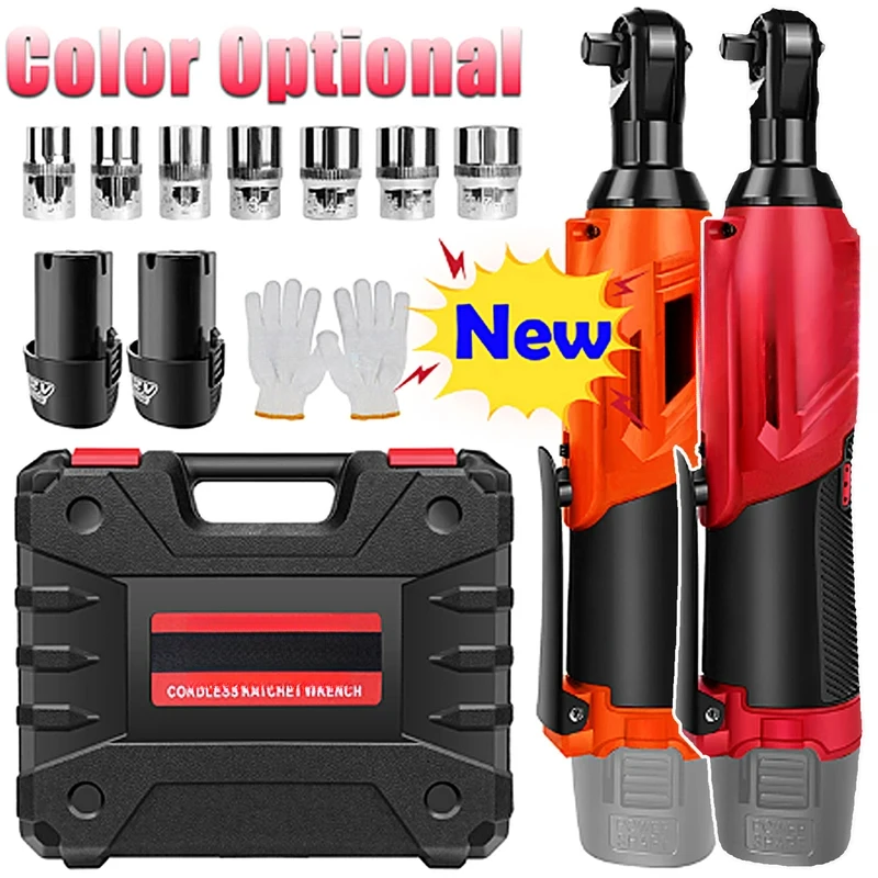 New 3/8 Inch Cordless Electric Wrench 90° Right Angle Ratchet Wrenches 12V Rechargeable Car Repair Tool with 2 Battery 7 Sockets