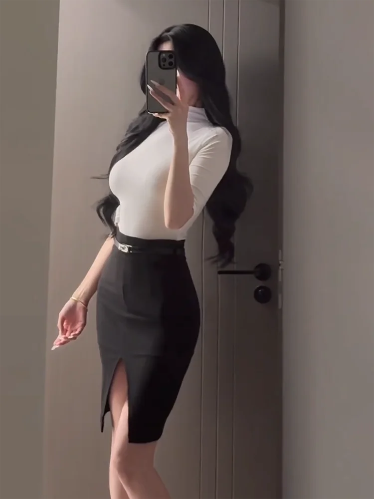 Fall New Style Ladylike High Waist mid Sleeve Base T-shirt Slit Commute Wind Skirt Set Cotton Medium Stretch Bodycon Fit