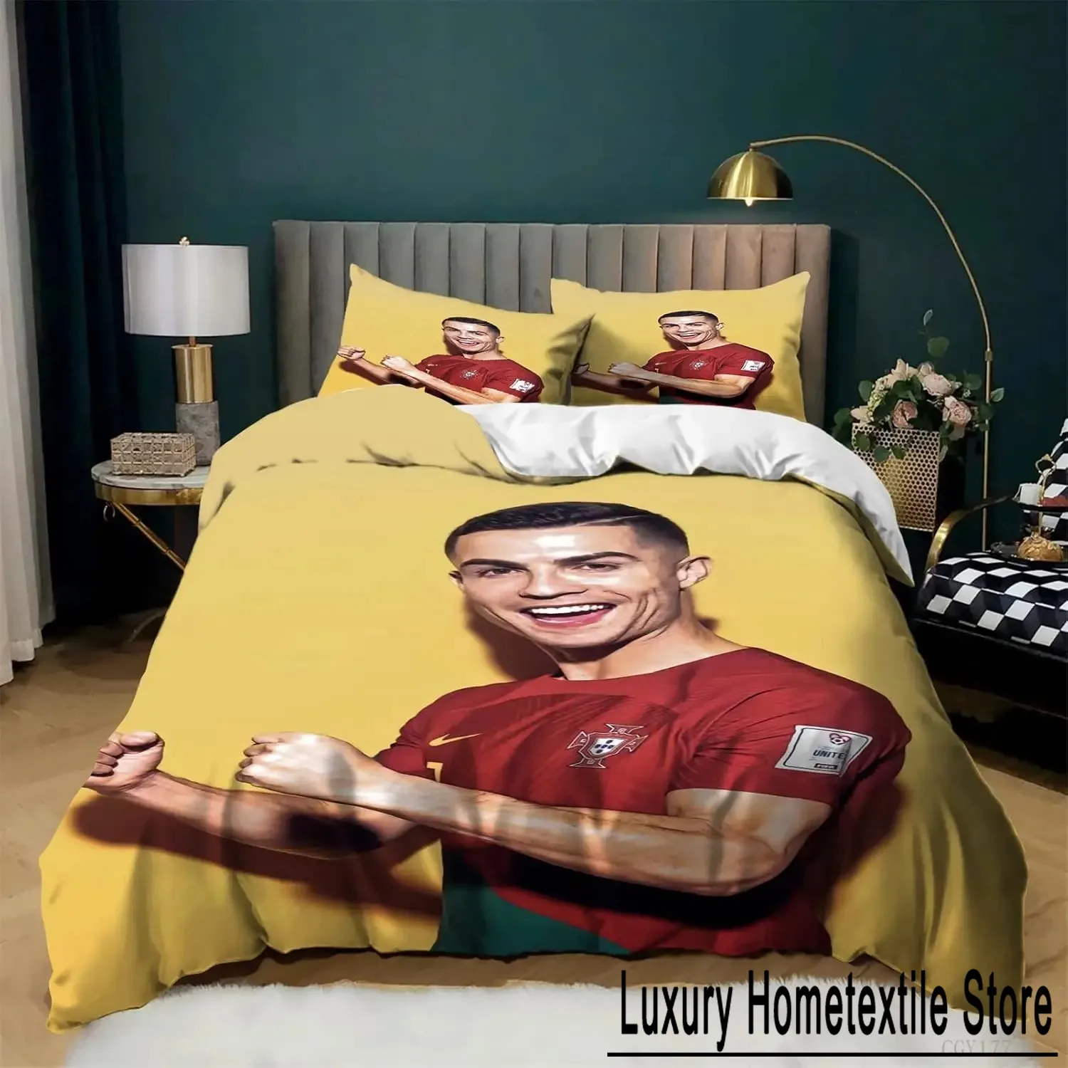 3 Piece Duvet Cover Ronaldo CR7 Football Printed Bedding Set, Lightweight Quilt Cover with Zipper Comforter Set Boys Gift