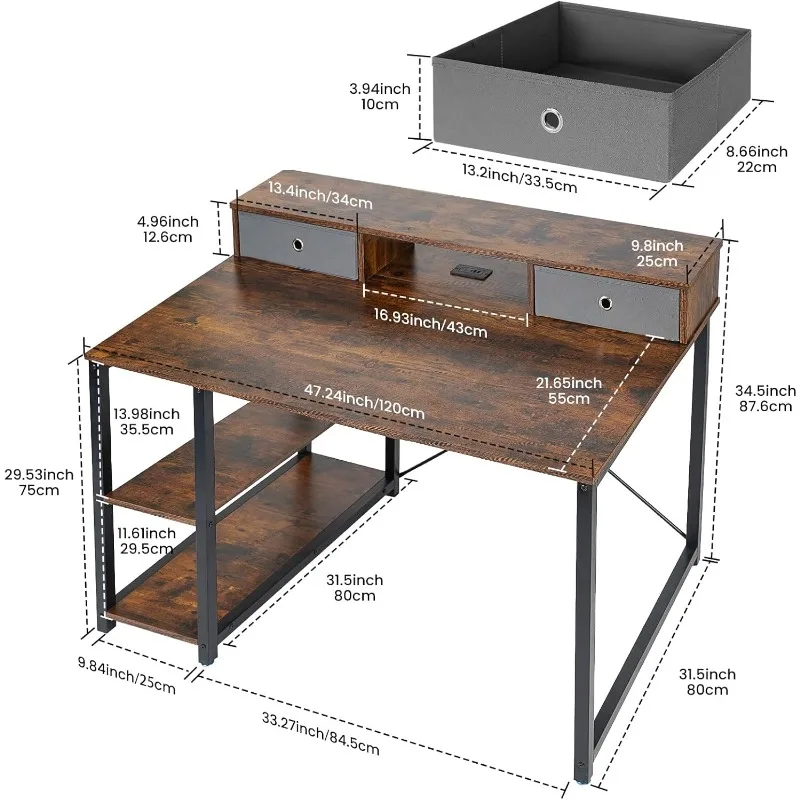 47”x 31.5” Computer Desk with Drawers, Monitor Stand, Storage Shelf, 3-Port Charging Station