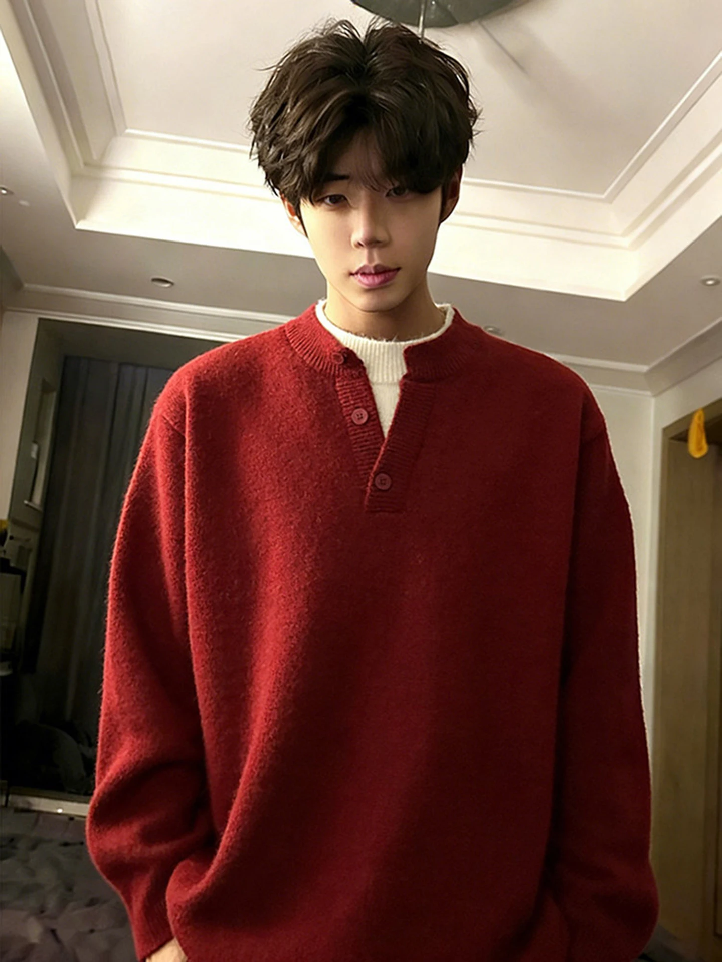 

Red Faux Two-Piece Henry Collar Sweater Men's Lazy High-End Fce Lined Thi Knitted Warm Inner Wear Top Spring Youth Sle