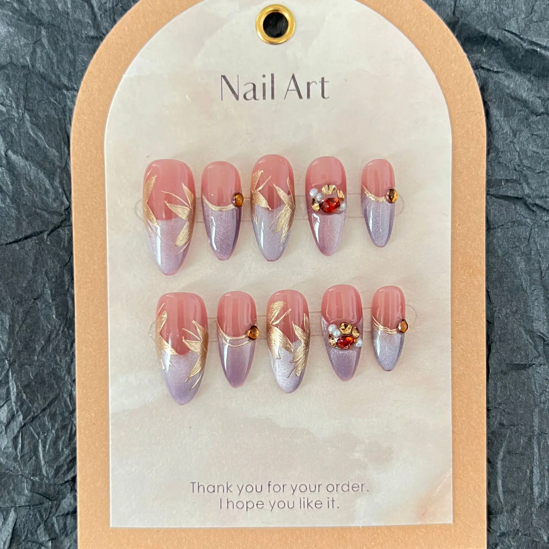 10Pcs New Senior Handmade French Press on Nails Purple With Gold Flower and Rhinestones Fake Nails Wearable False Nail For Girl