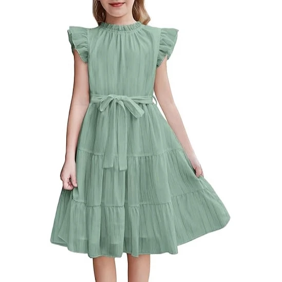 Sweet Style Short Sleeve Drawstring Waist Gored Skirt Dress for Girls  Color round Neck Pullover with Lace Trim 2026