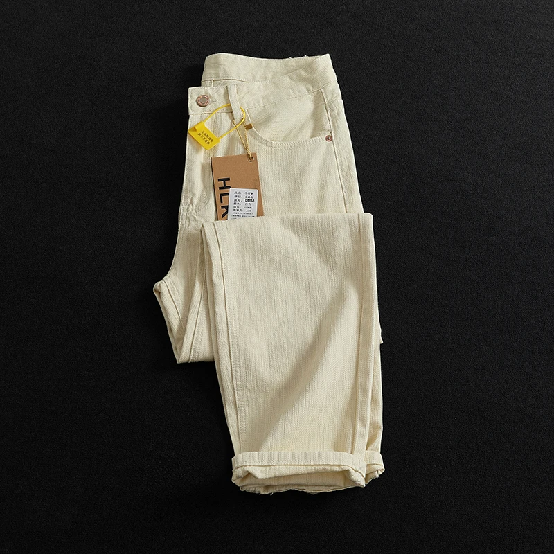 High sense bamboo grain beige vintage jeans men's high street fashion conical small straight leg casual long pants