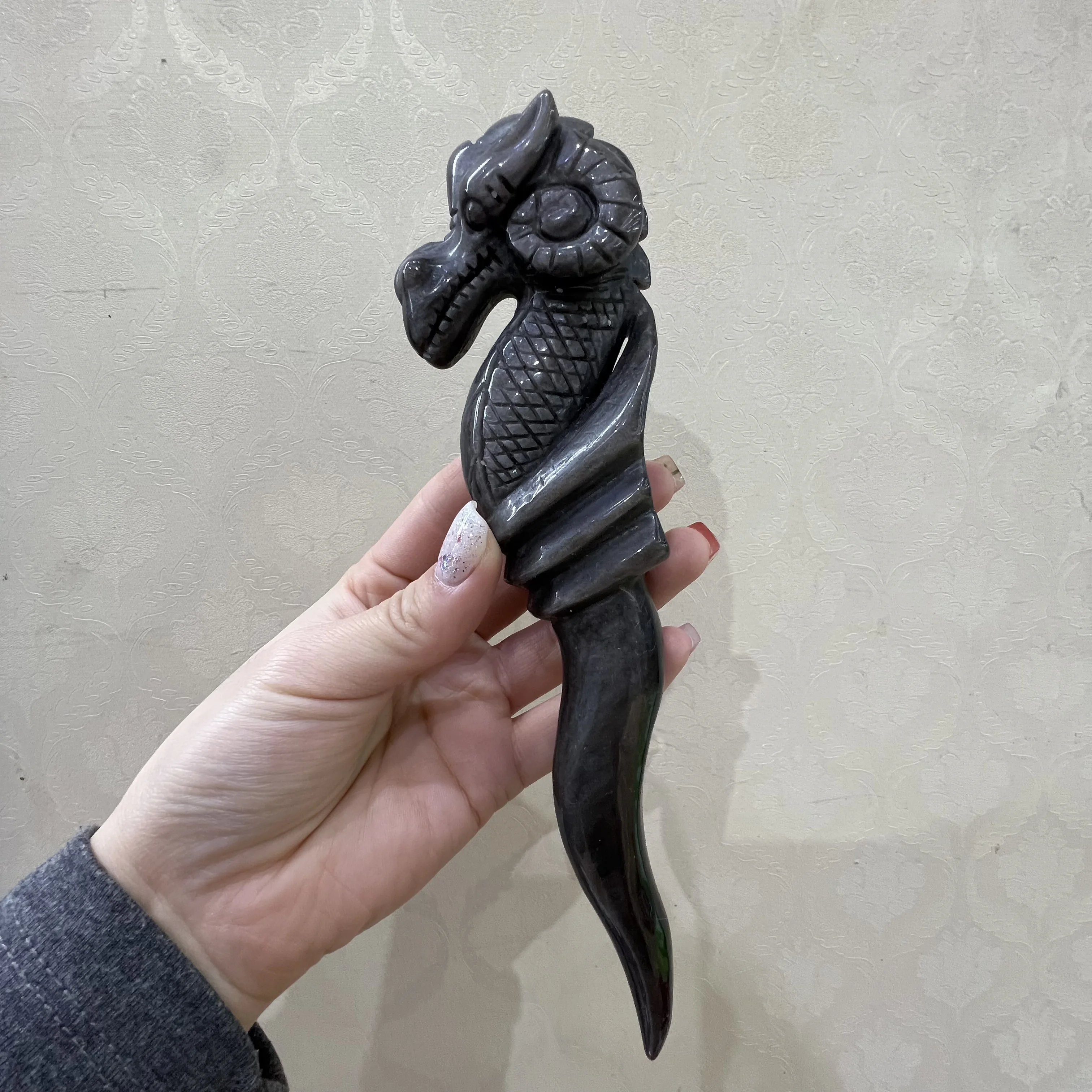 Natural Silver Obsidian Mineral, Hand-carved Tiger Head Scepter, Personalized Ornamental Energy Stone