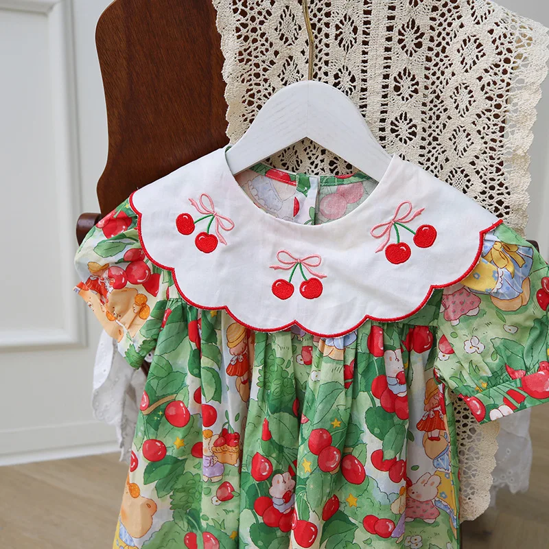 Cherry Embroidered Doll Neck Girls' Dress Summer Short Sleeve Sweet Children's Princess Dress