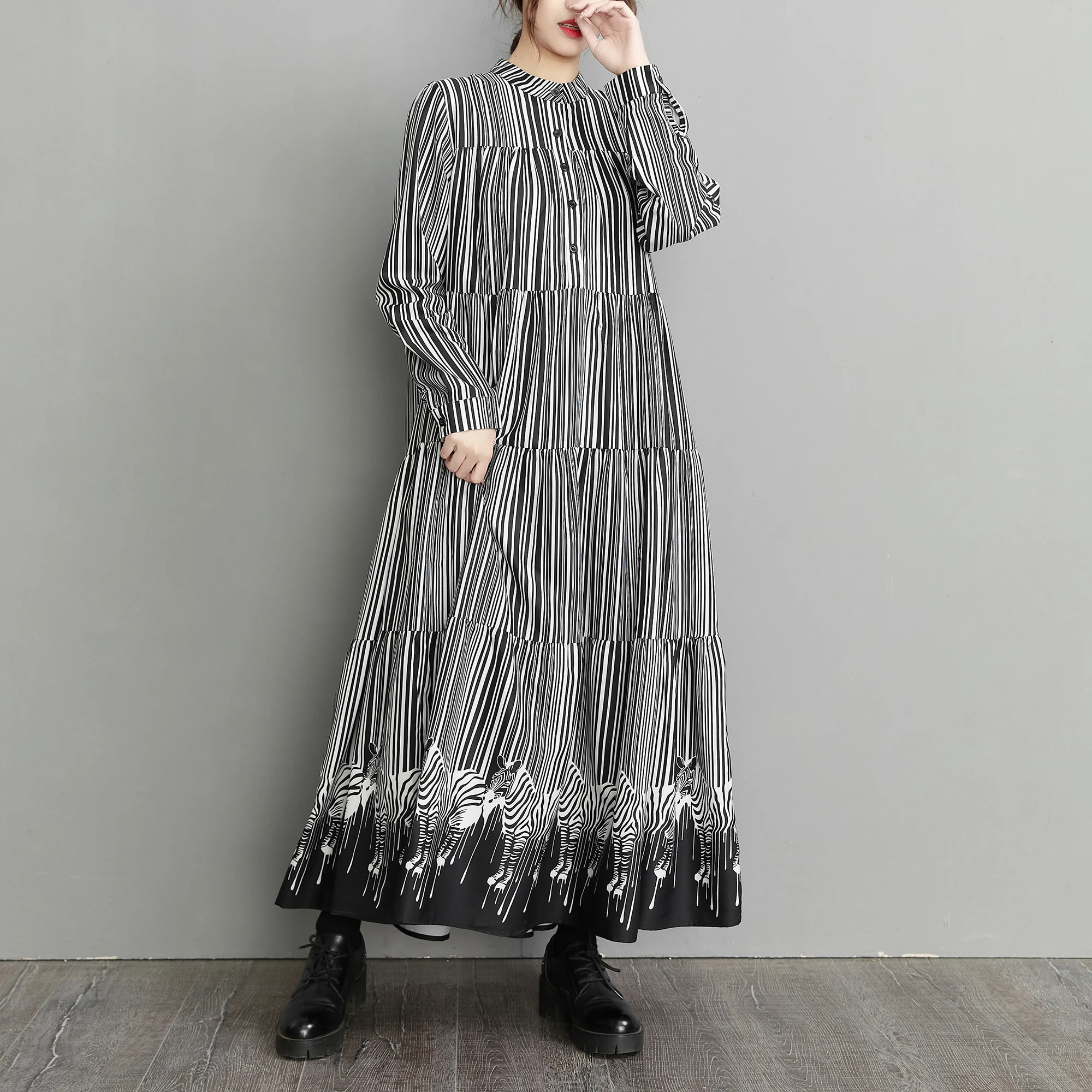 Base ample longue Sve Dr printemps nouveau Sle rayure verticale épissage rétro jupe Bot ample pour les femmes de grande taille