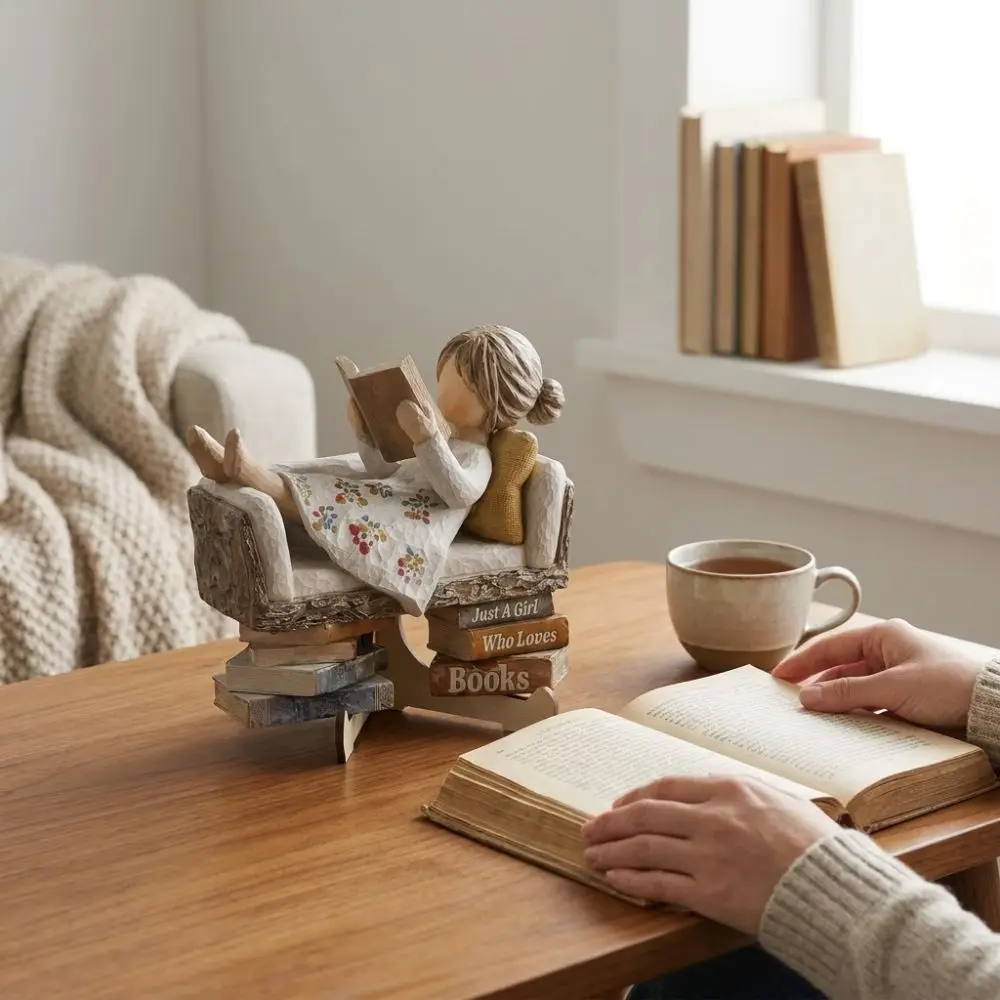 2D Flat Printed Wooden Reading Girl Figurine Just a Girl Who Loves Books with Stand Love Reading Girl Ornament Anti-Fading