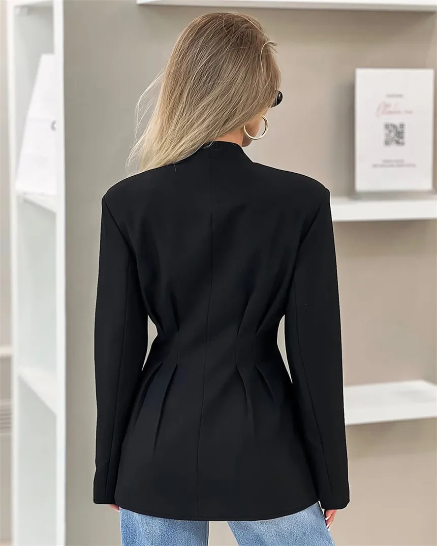 Aliunique Fashion Solid Black Waist Tailored Blazer Women Thin V Neck Single Breasted Pocket Blazer for Office Work Streetwear