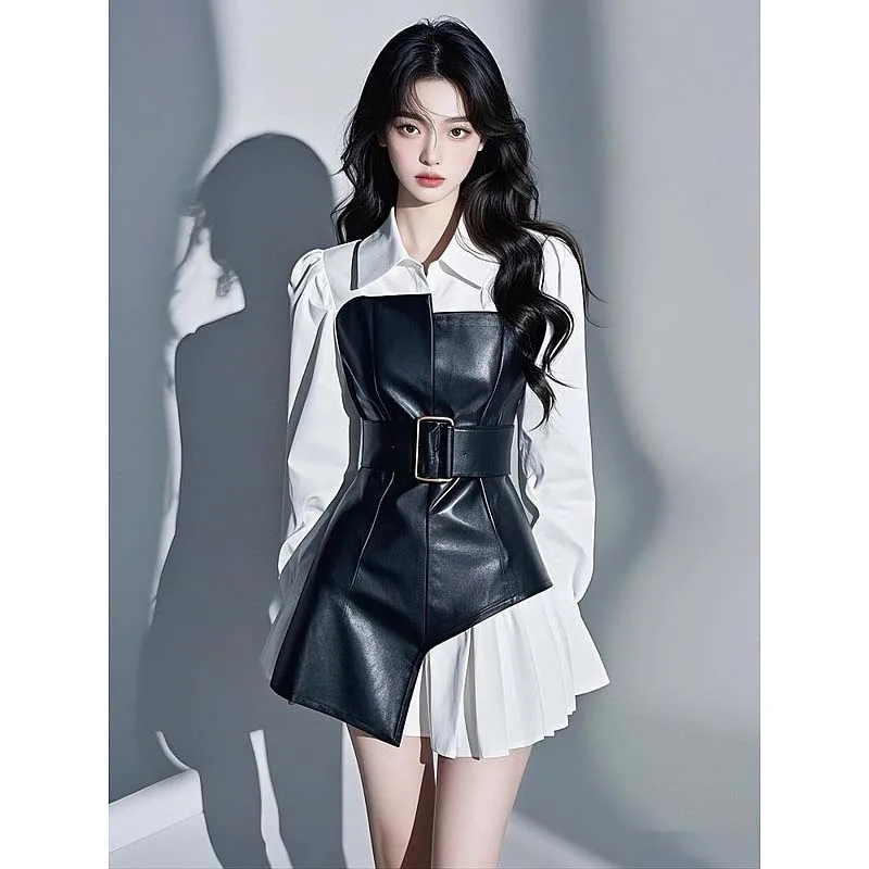 

Элегантное черное платье с вставками, с завышенной талией, А-силуэт, с длинным рукавом, круглым вырезом, деловой стиль для женщин, осенняя новинка