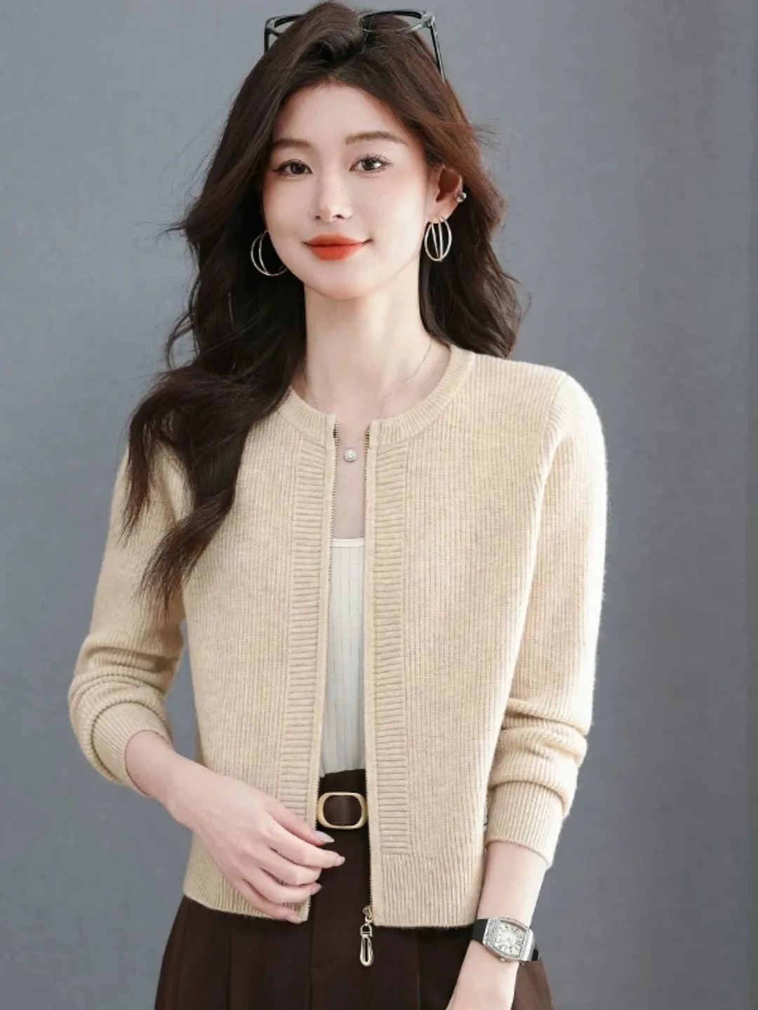 Spring Autumn 2026 Women's round Neck Long Sleeve Knitted Open Cardigan Short High Waist Loose Top Casual Style Polyester Fiber