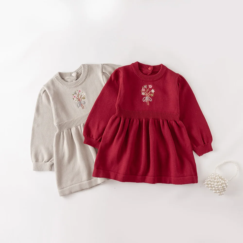 Infant Baby Girl Knit Dress Cotton Long Sleeved Sweet Style Spring Autumn Winter Embroidery Princess Dress