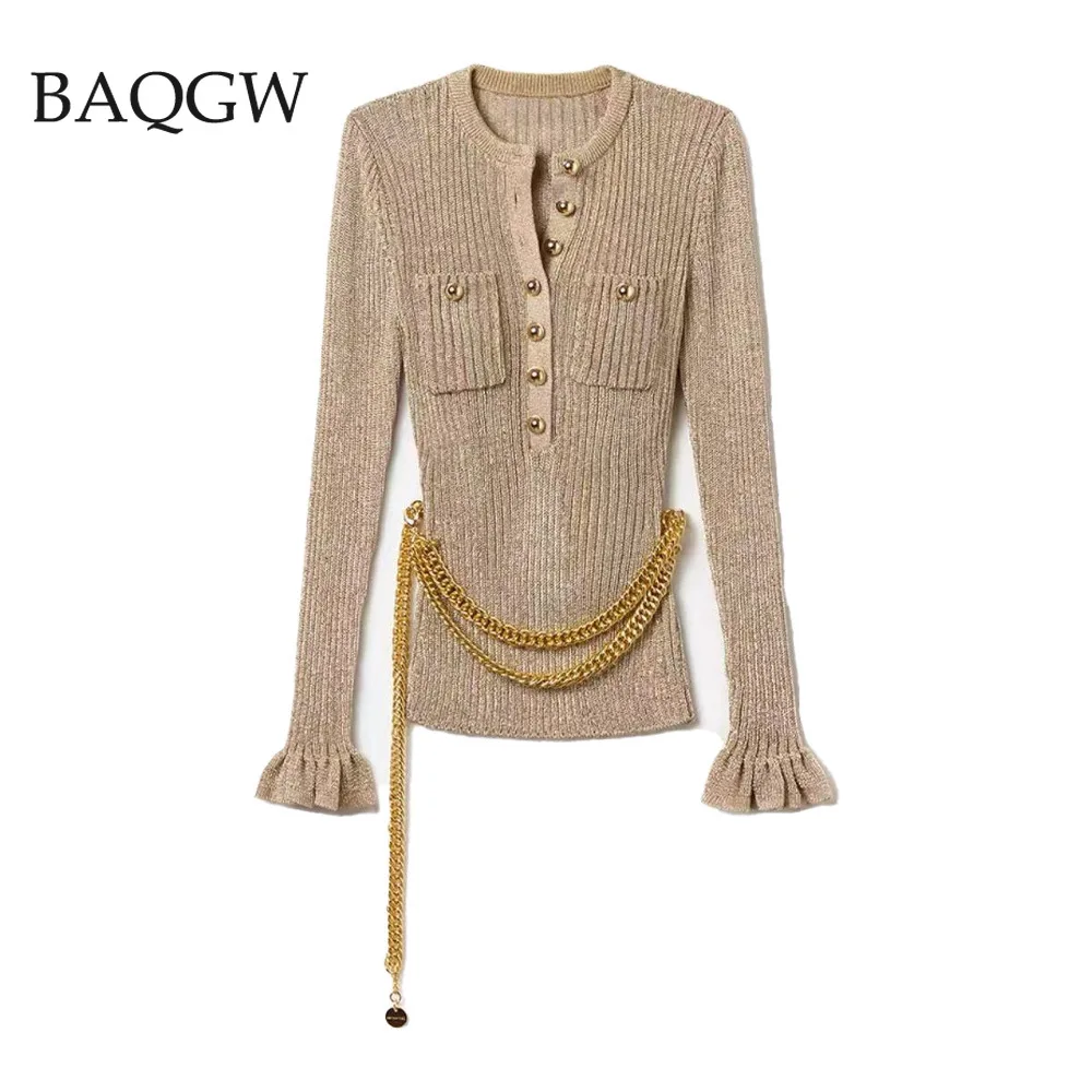 2025 AW 신상 여성용 골드 엘라스틱 풀오버 스웨터 라운드 넥 풀 플레어 슬리브 순색 니트 여성 상의