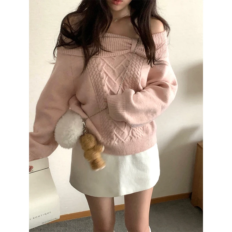 سترة نسائية وردية مكشوفة الكتفين موضة مثيرة مائل الرقبة بلوفرات محبوكة كورية حلوة تريكو شتوي كم طويل لاعبا جديد