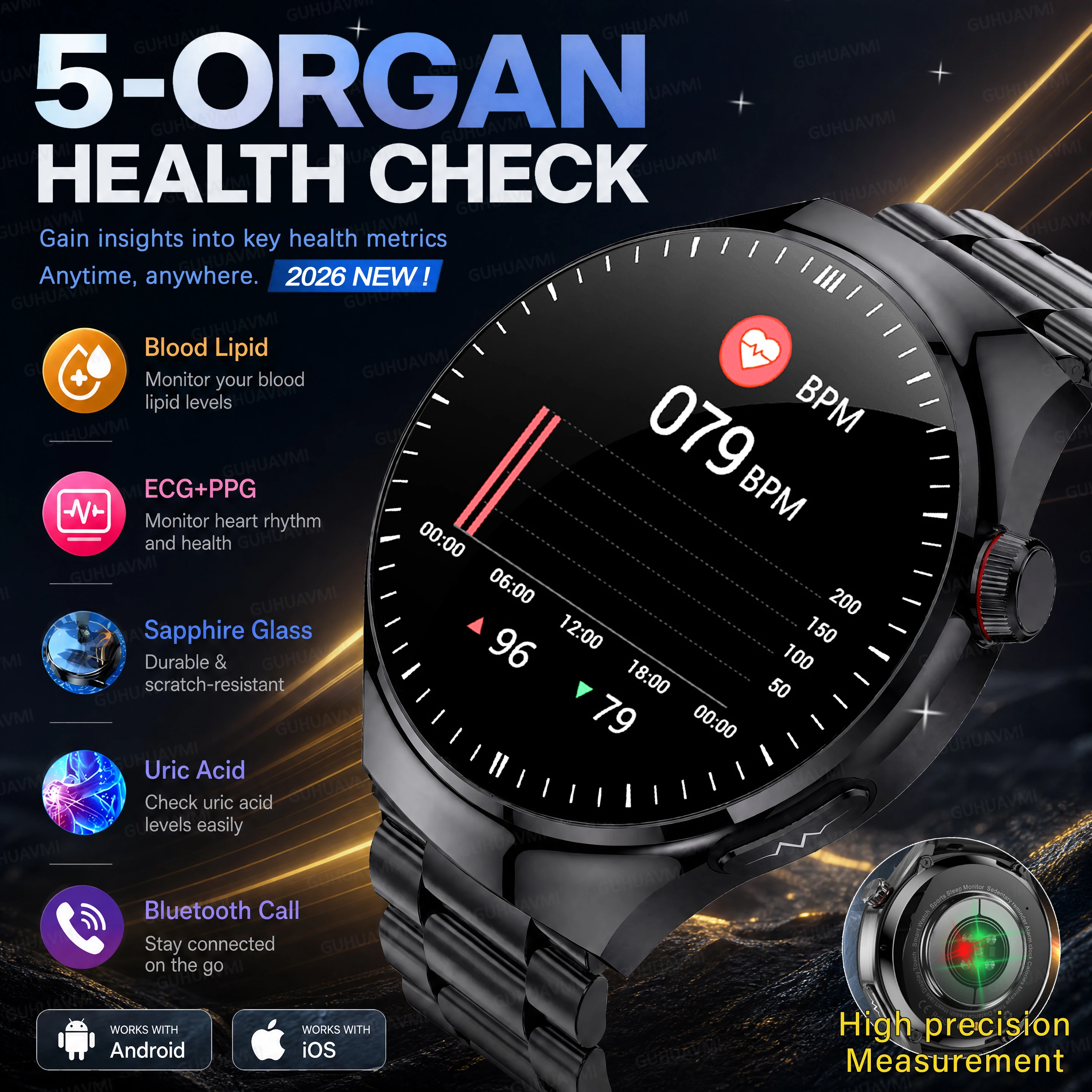 2026 New 5-Organ Health Smart Watch Sapphire Glass ECG+PPG Blood Lipid Uric Acid Bluetooth Call Men Smart Watch For Android iOS