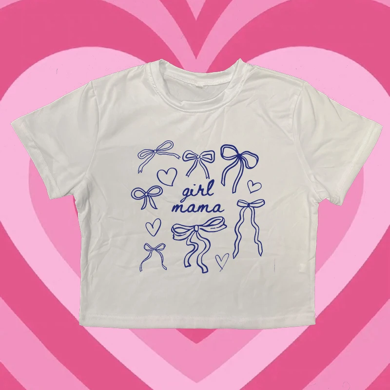 

Fashion Casual Round Neck Short-sleeved T-shirt Harajuku Aesthetics Slim Sexy Women Crop Top Punk Creative Bow Pattern Print Tee