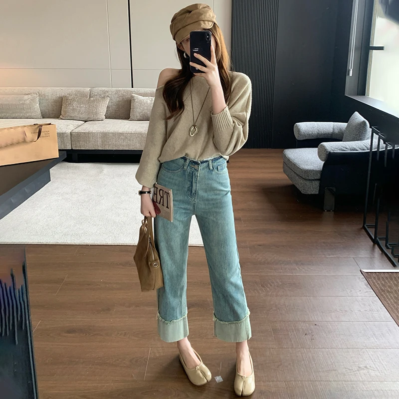 Women Retro‑Green High‑Waist Straight‑Leg Cropped Jeans Vintage Washed Raw‑Edge Spliced Casual Denim Trousers