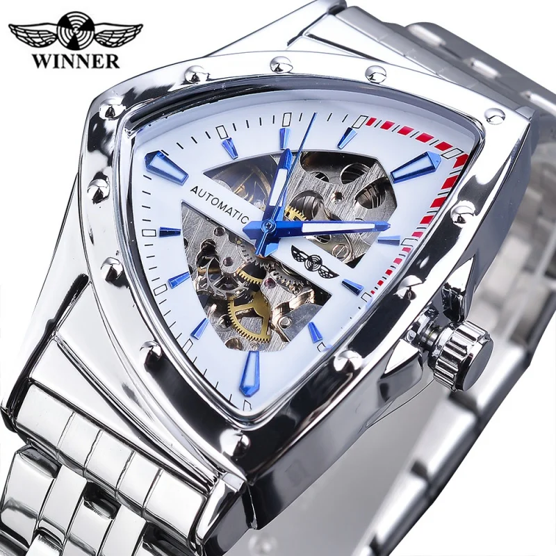 Official brand of free shippingNew Triangle Dial Automatic Mechanical Men Fashion Hollowed-out Stainless Steel Watch