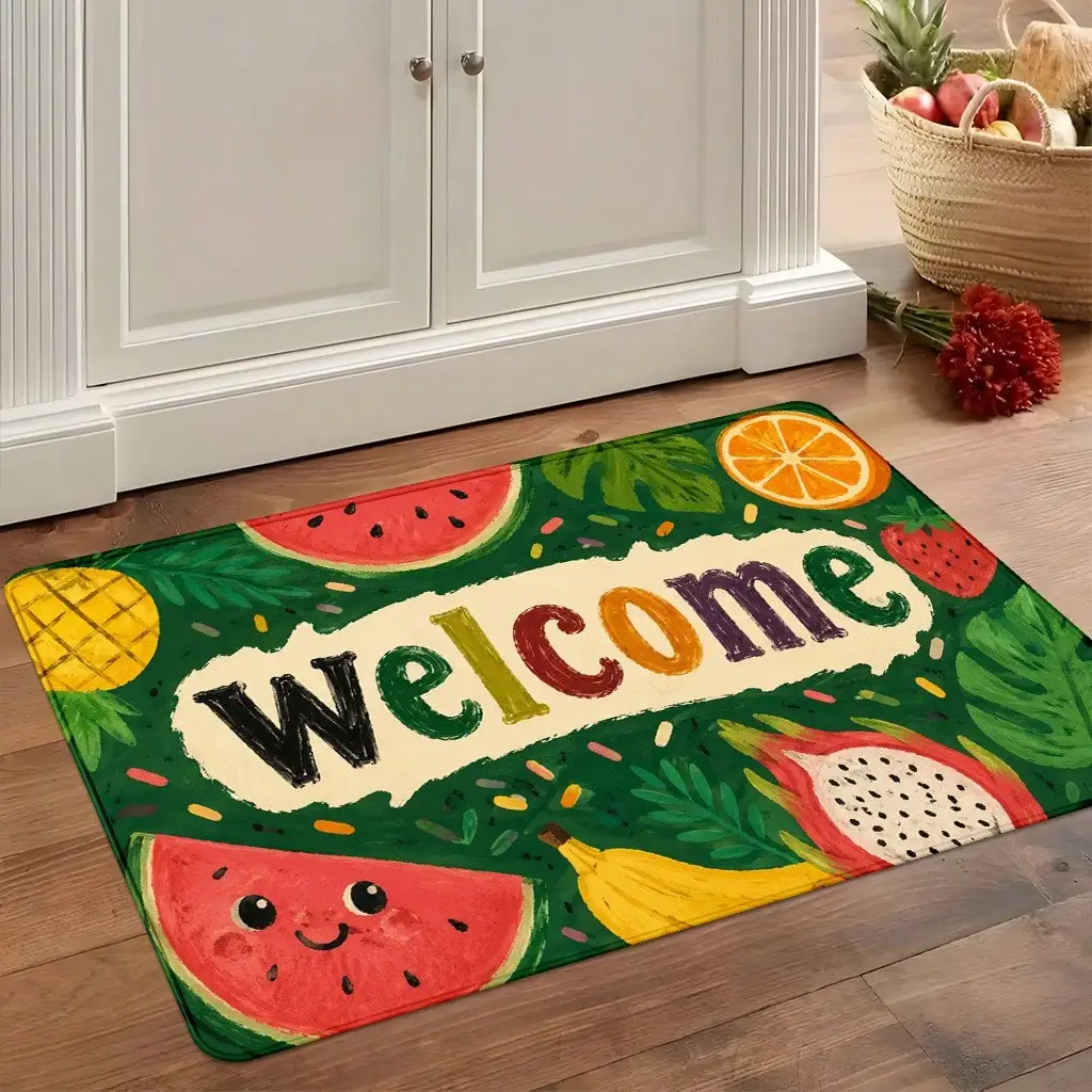 1pc Non-Slip Flannel Bath Rug Suitable For Bathroom, Kitchen, Bedroom Entrance - Thick Soft Fruit Welcome Mat With Fruit-Themed, Machine Washable, Adhesive