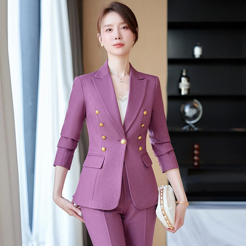 

Button Decoration Formal Jacket Blazer and Trouser 2 Piece Set Fashion Pink Green Black Ladies Work Wear Pant Suit Women