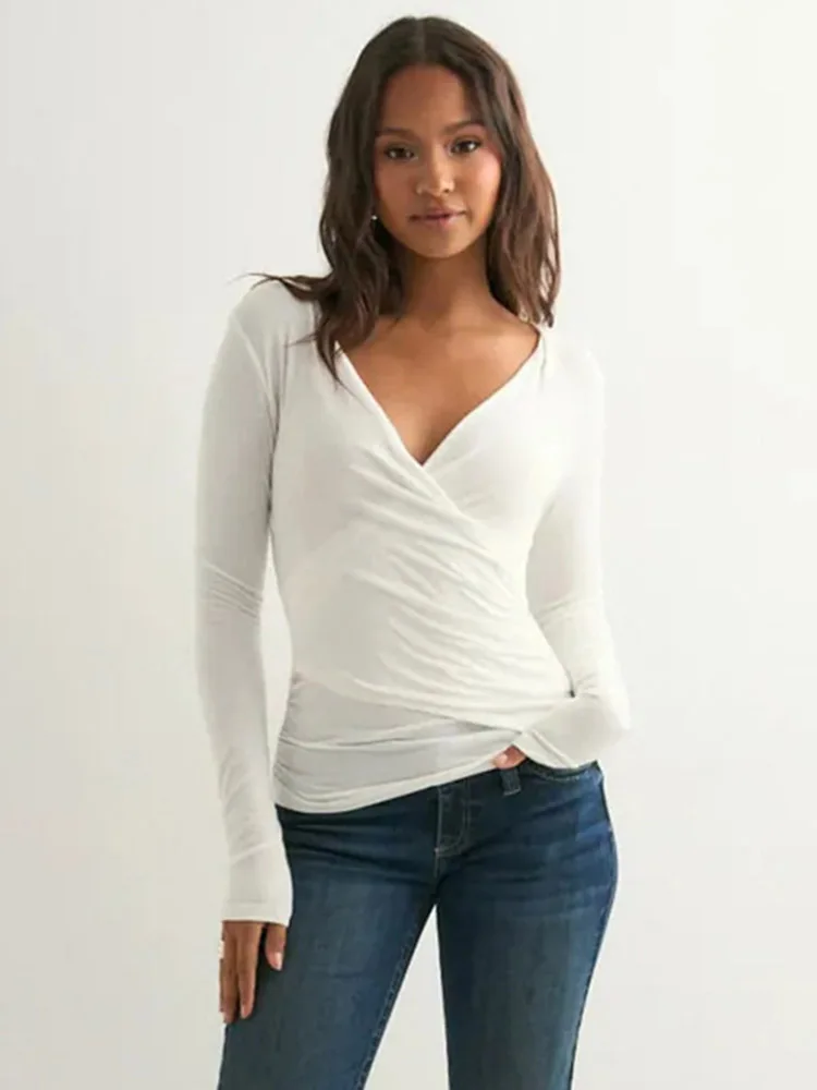 مثير بلون الخامس الرقبة طويلة الأكمام تي شيرت أعلى الخصر Cinching 2025 العصرية رداء علوي غير رسمي للنساء