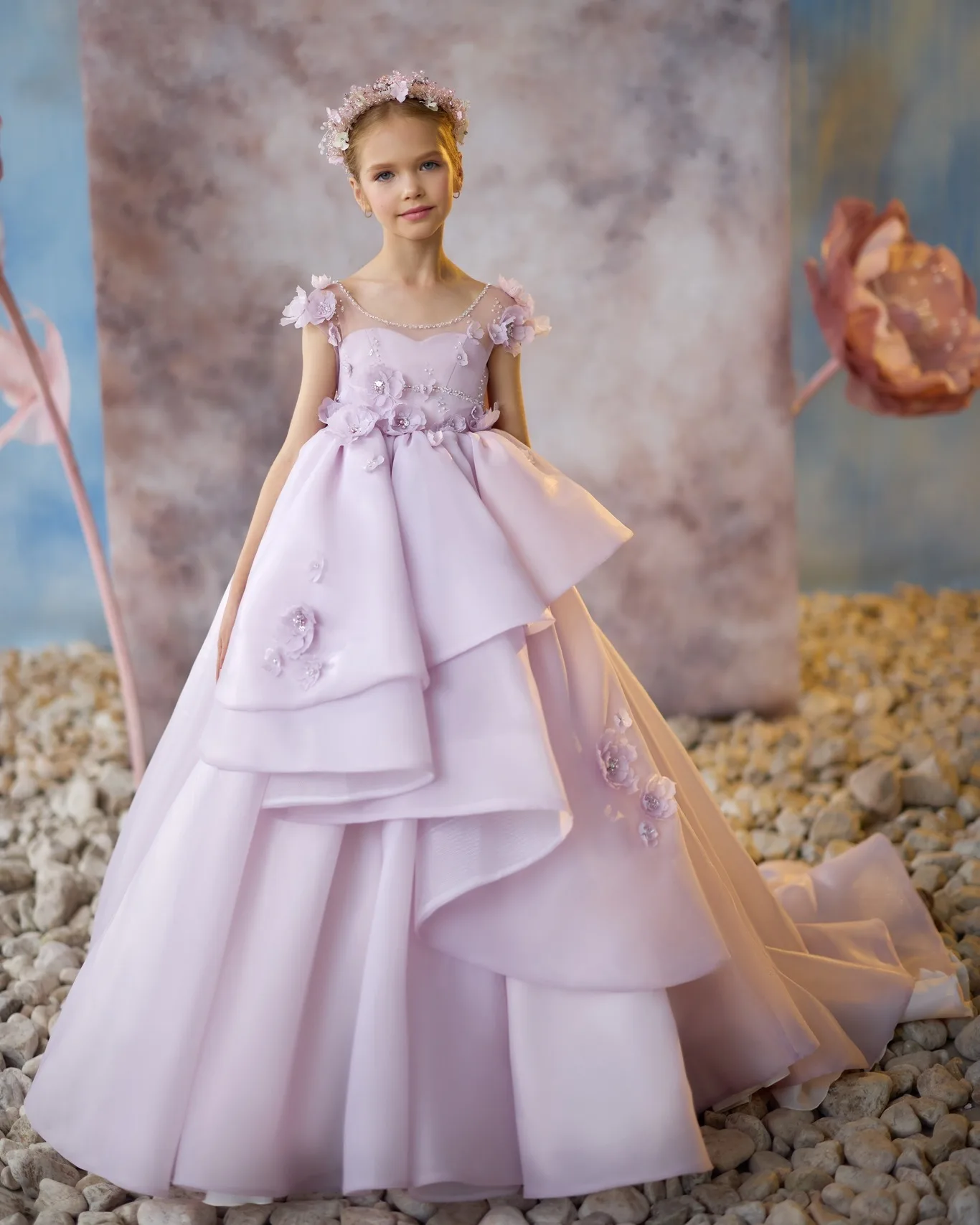 Lilac เจ้าหญิงดอกไม้สาวชุดดอกไม้เด็กผู้หญิงวันเกิด Party Gowns ที่กําหนดเอง Appliqued เด็ก First Communion Dresses