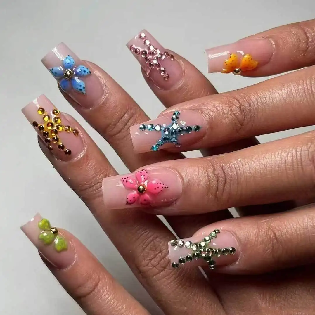 24Pcs Sweet Cool 3D Relief Colored Flower False Nails Set Long Coffin Removable Fake Nail Art Finished Tools Full Cover Press On