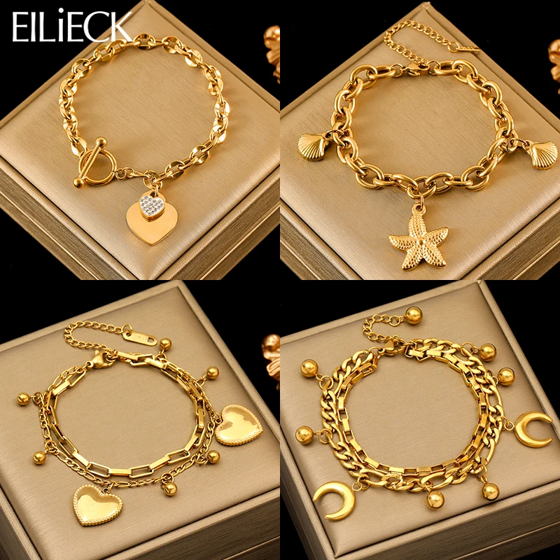 EILIECK 316L Stainless Steel Gold Color Starfish Moon Star Charm Bracelet For Women New Trendy Wrist Chain Jewelry Gift Party