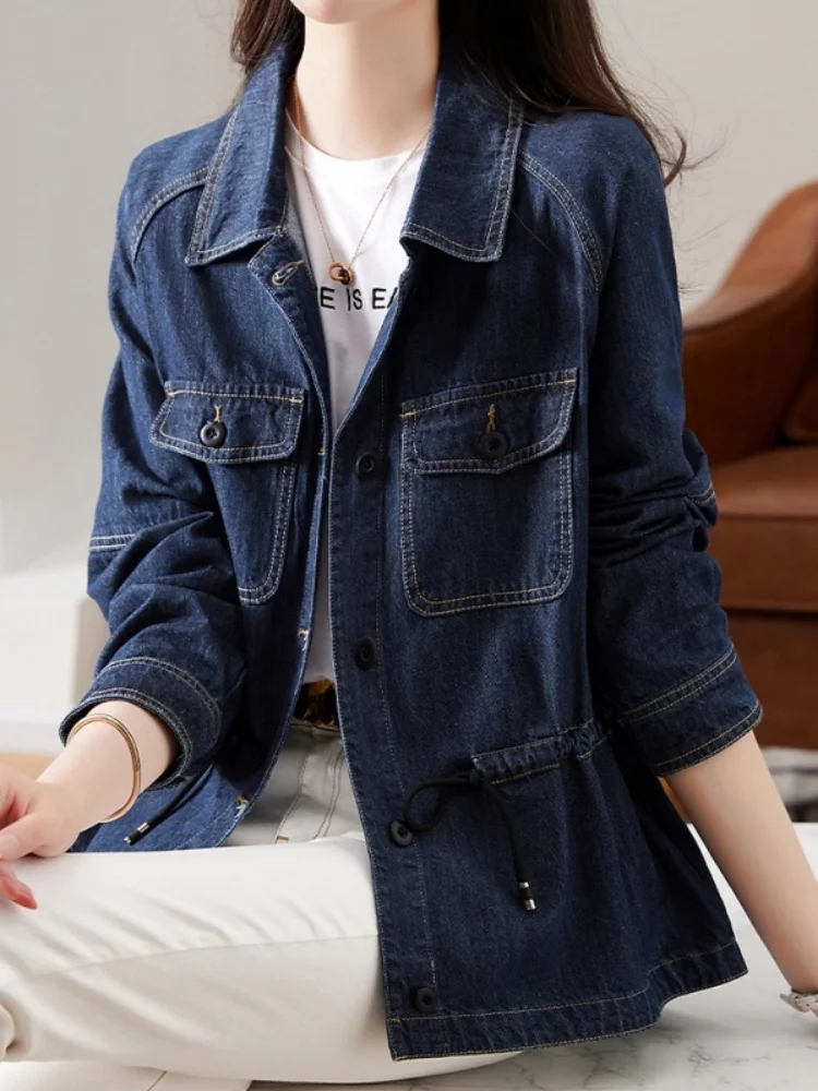 Spring Autumn Short Sleeve Women's Denim Shirt Slimming Casual Fashion Outerwear Straight Cut Regular Length Button Detail