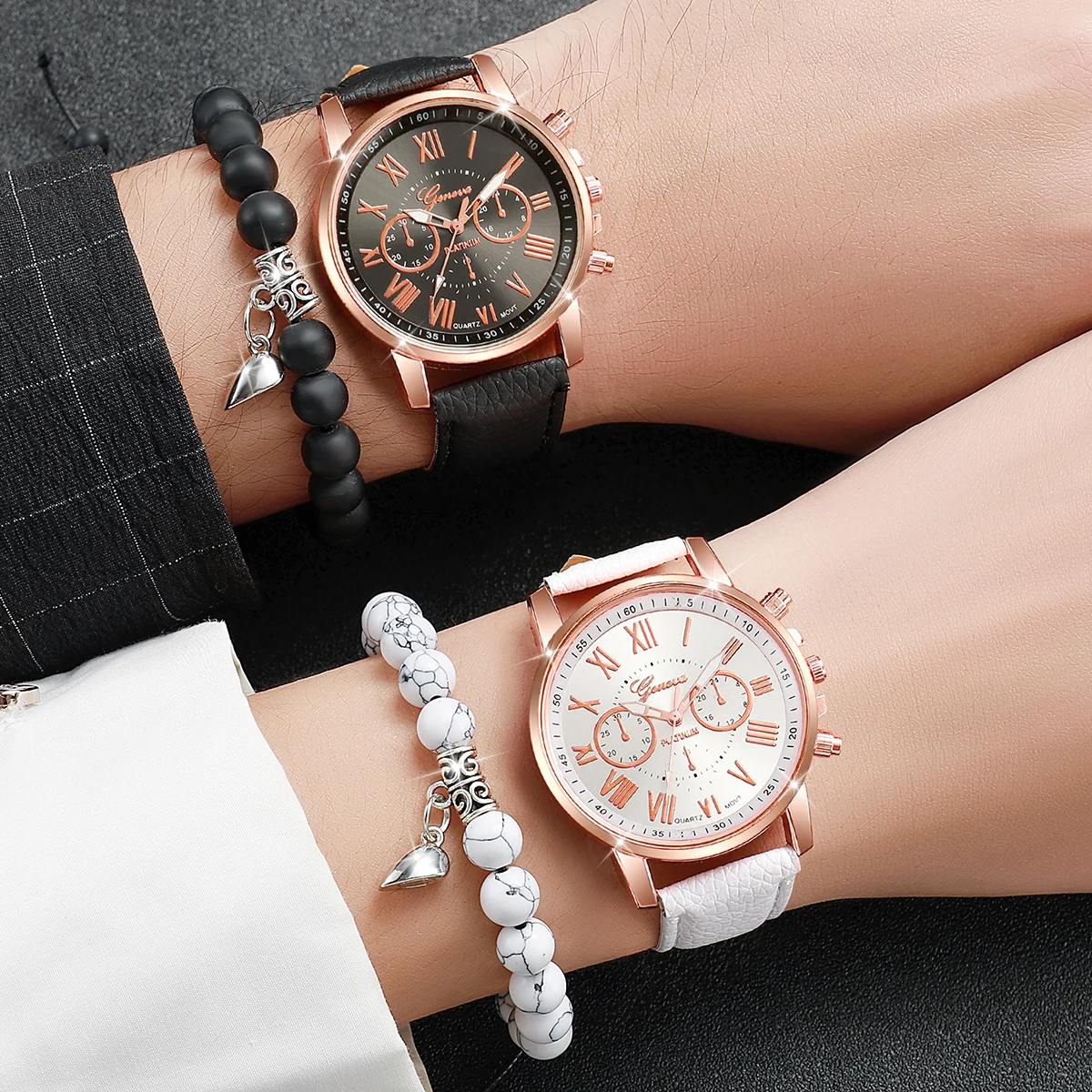 4PCS/Set Couple\'s Watches Fashion Roma Dial Leather Band Analog Quartz Watches Bracelets Set（Without Box）