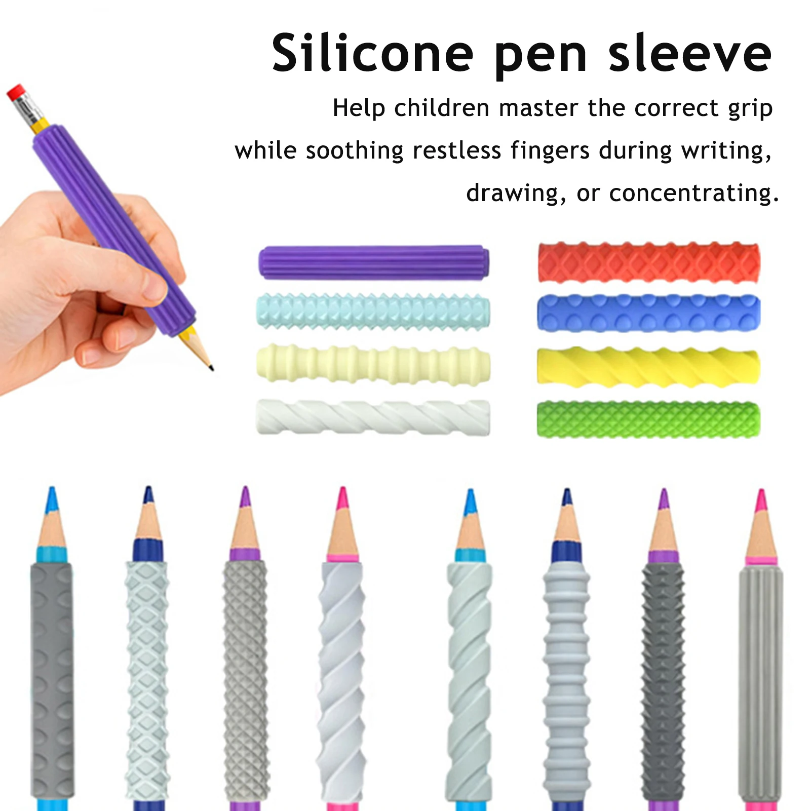 Couvre-crayons texturés en Silicone, 4 pièces, soulagement de l'anxiété et du Stress, manchon de crayon coloré, enfants adolescents étudiants, jouet sensoriel assez Fidget