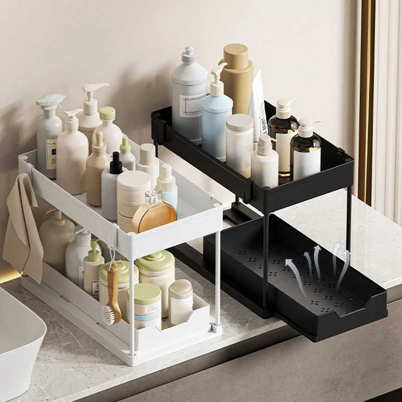 2-Tier Under Sink Organizer with Sliding Drawer Hooks Utensil Cup Multi-purpose Storage Rack for Kitchen Bathroom Organizer