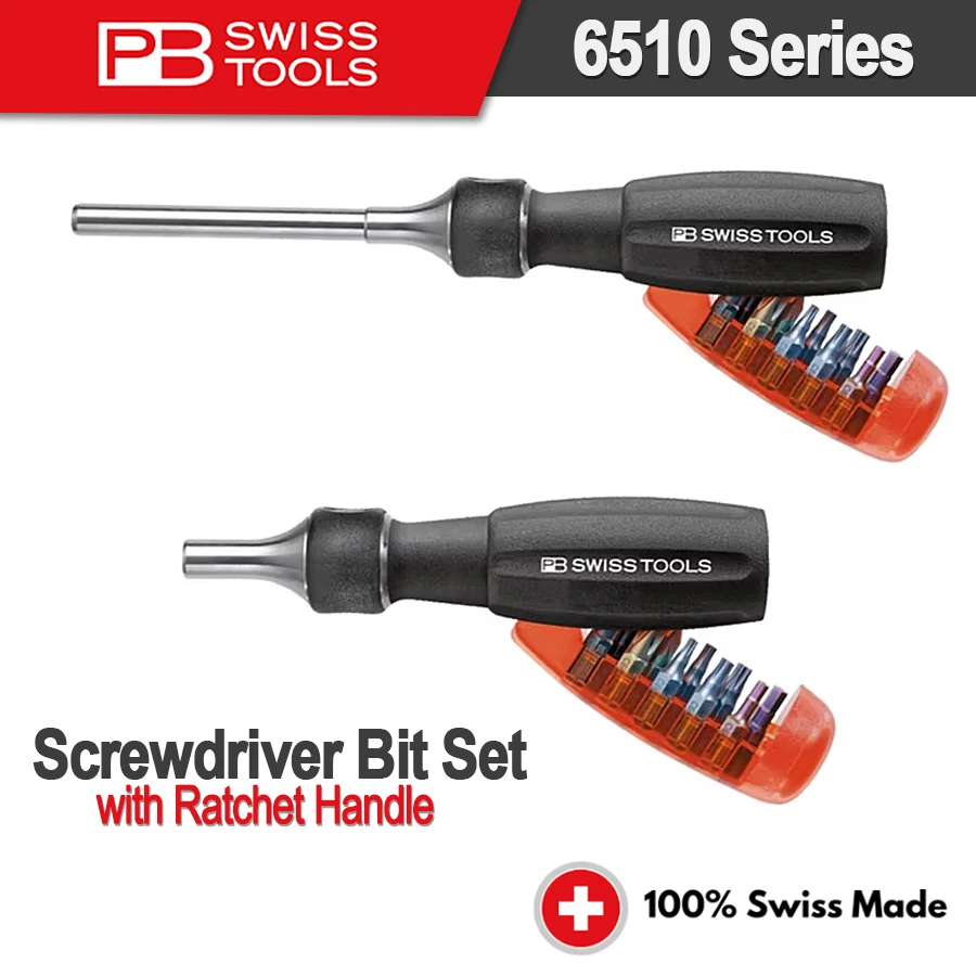 PB SWISS Screwdriver Bit Set with Ratchet Handle Precision Screwdriver Bits10 Pieces NO.6510|6510 R-30|6510 R-100