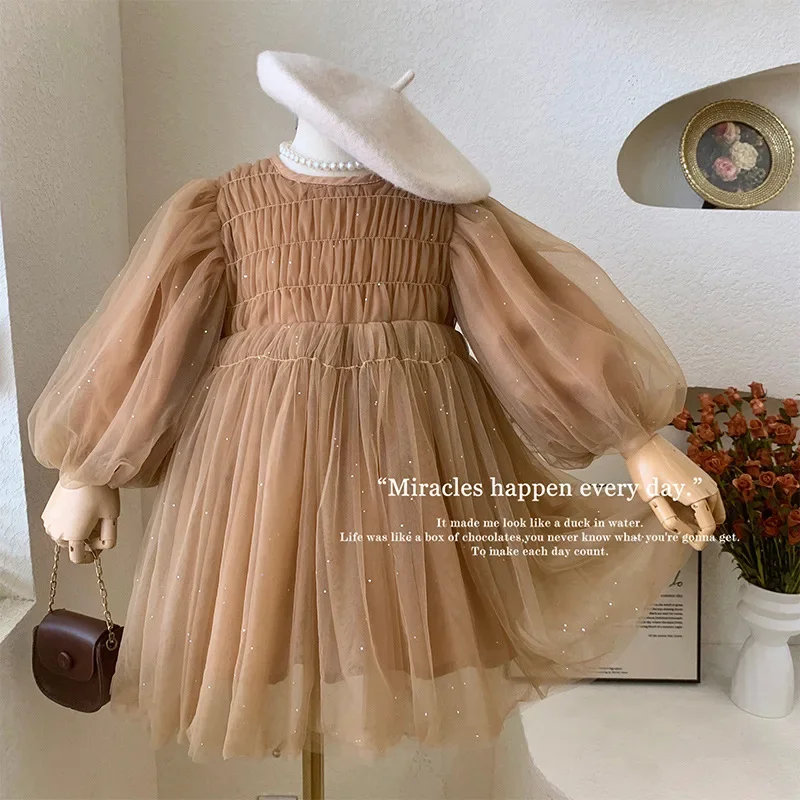 Korean Style New Spring Autumn Kids Girl Dress Long Sleeves Coffee O-neck Mesh Princess Dress Child Clothes E22001