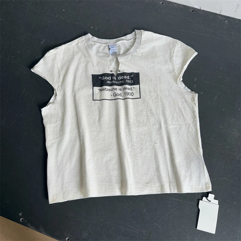 Vintage Series Crop Henry Neck T Shirt Nietzsche Quote Print Embroidery Washed Distressed Hardware Decor Pure Cotton Unisex Tee