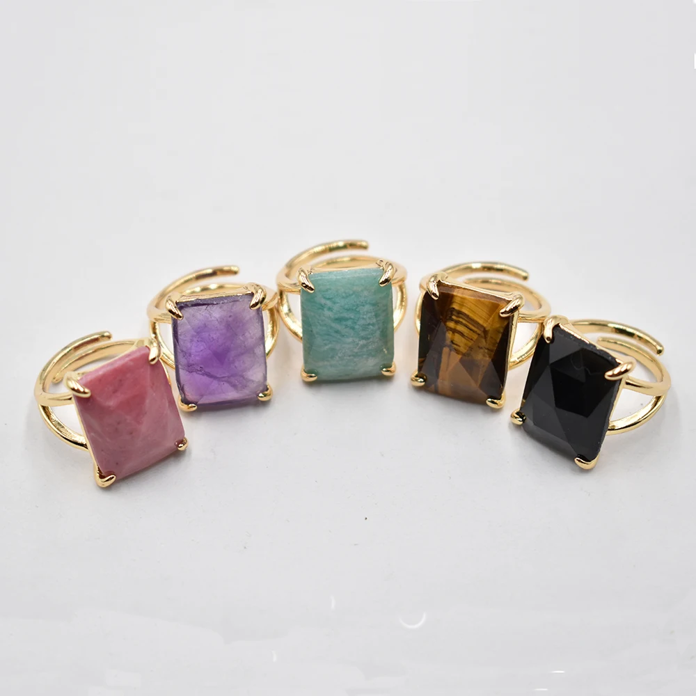 Wholesale 5pcs/lot Natural Tiger eye Stone amethyst cut faceted Slice Open Rings  Women Men Jewelry Wedding Engagement Ring Set