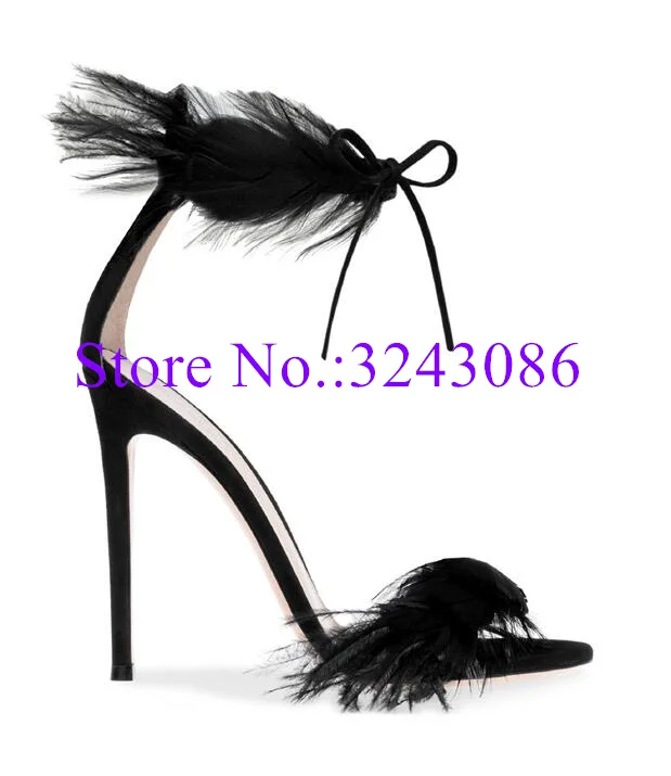 Sexy Black Feather Woman Sandals Fashion Peep Toe Lace-up Thin Heel Pumps Party Shoes Lady Popular Banquet Shoes High Heels