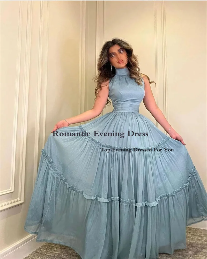 Romantic Baby Blue Chiffon Silk Evening Dress High Neck Saudi Arabia Sleeveless Long Prom Gowns For Women Party Invite 2022