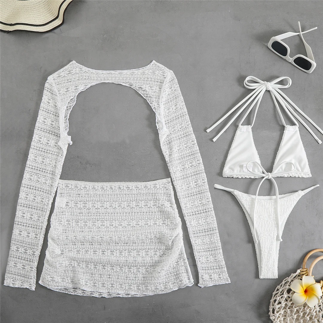 4-teiliges Halter-Bikini-Set mit Rock, langärmeligem Oberteil, Damen-Badeanzug, Damen-Bademode, Badebekleidung, Badeanzug, Schwimmanzug V6339 – Detail 22