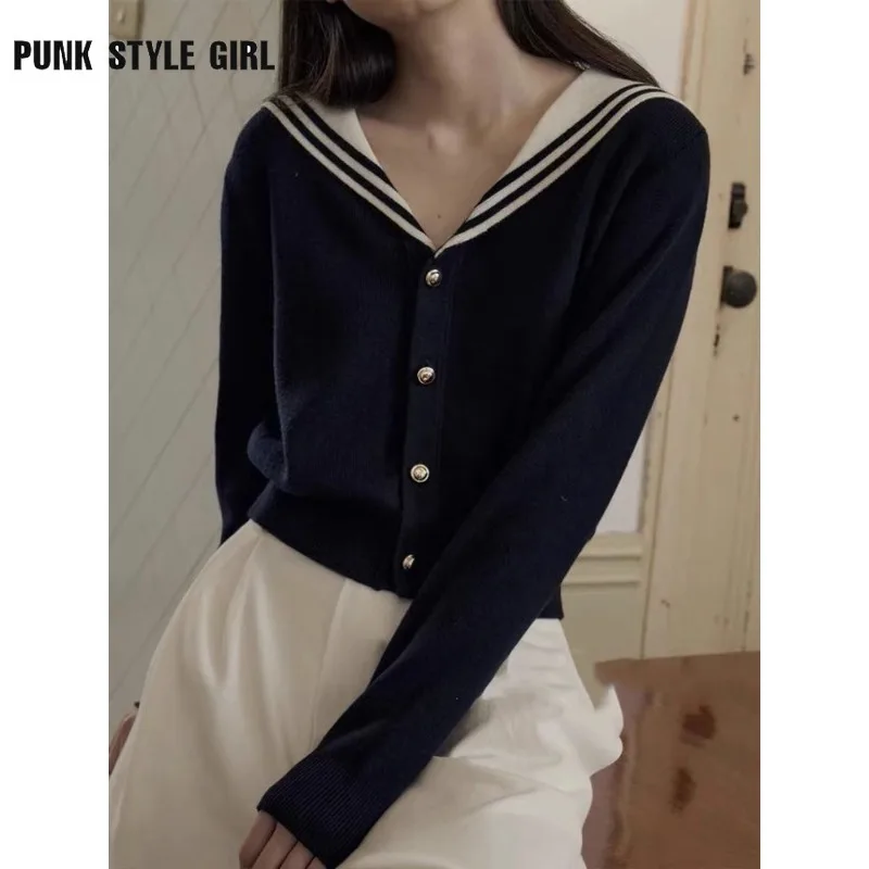 2024 Sailor Collar Vintage Women Cardigan Preppy Style Basic Sweater Korean Spring Knitwear White Jumper Japanese Aesthetic Tops