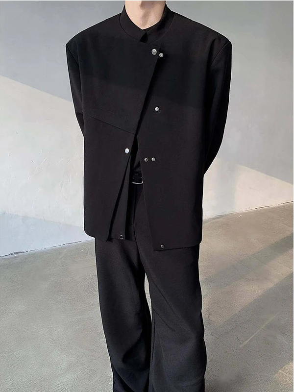 Black Stand Collar Mandarin Coat Men's High-End Feelings Slanting Button Casual Suit Jacket Business Gentleman Style Long Sleeve