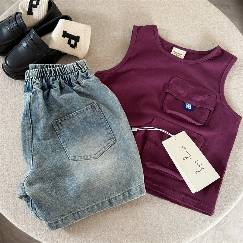 Children's shorts 2025 summer new boys and girls letter denim shorts baby five-point pants tide