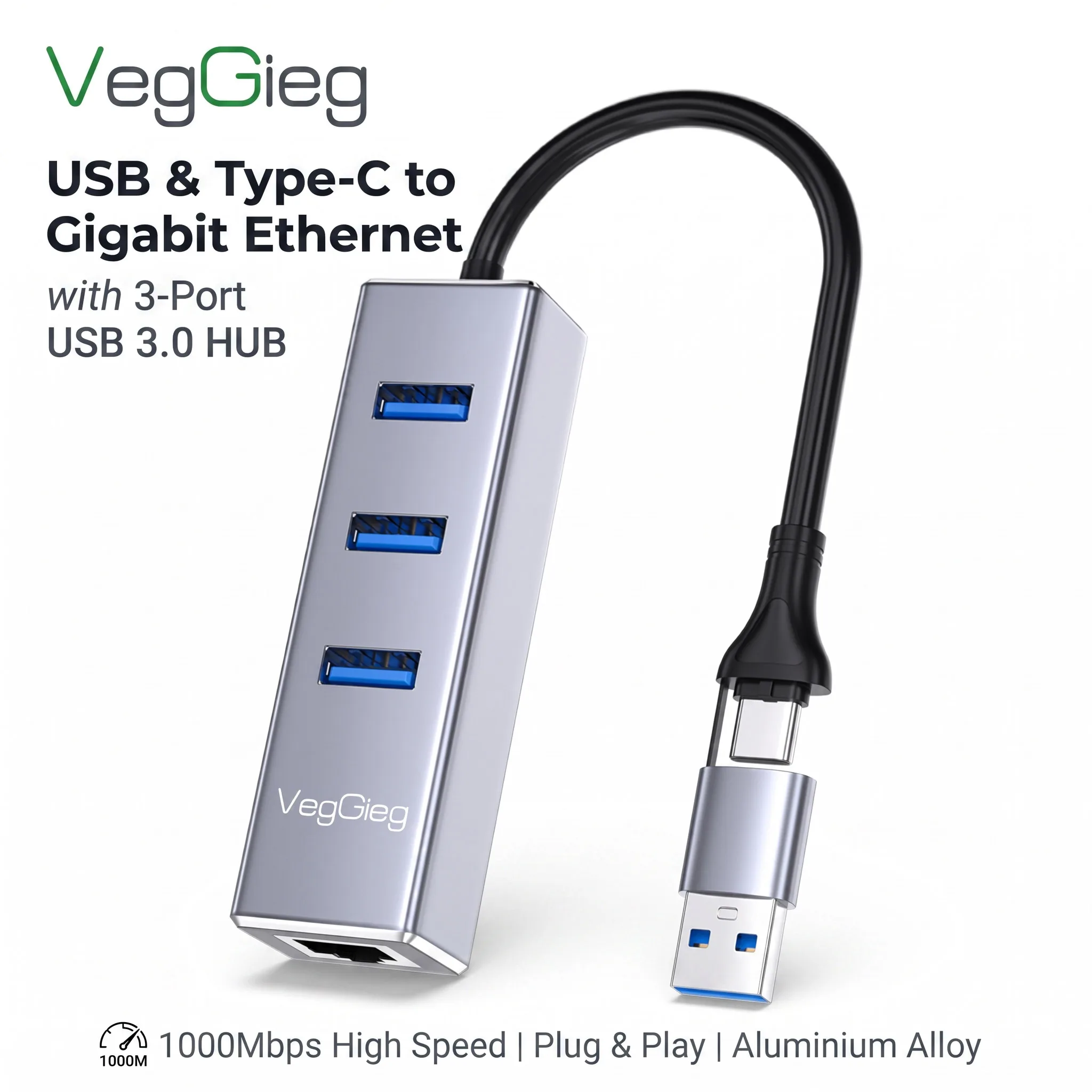VegGieg USB C/USB 3.0 to Gigabit Ethernet Adapter 1000Mbps RJ45 LAN with 3-Port USB Hub for Laptop PC
