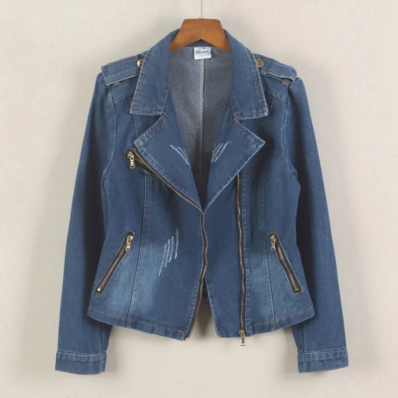 Vintage Washed Dark Blue Slim Short Jeans Jacket Frayed Burrs Suit Collar Zipper Long Sleeve Spring Autumn Female Cowboy Outwear