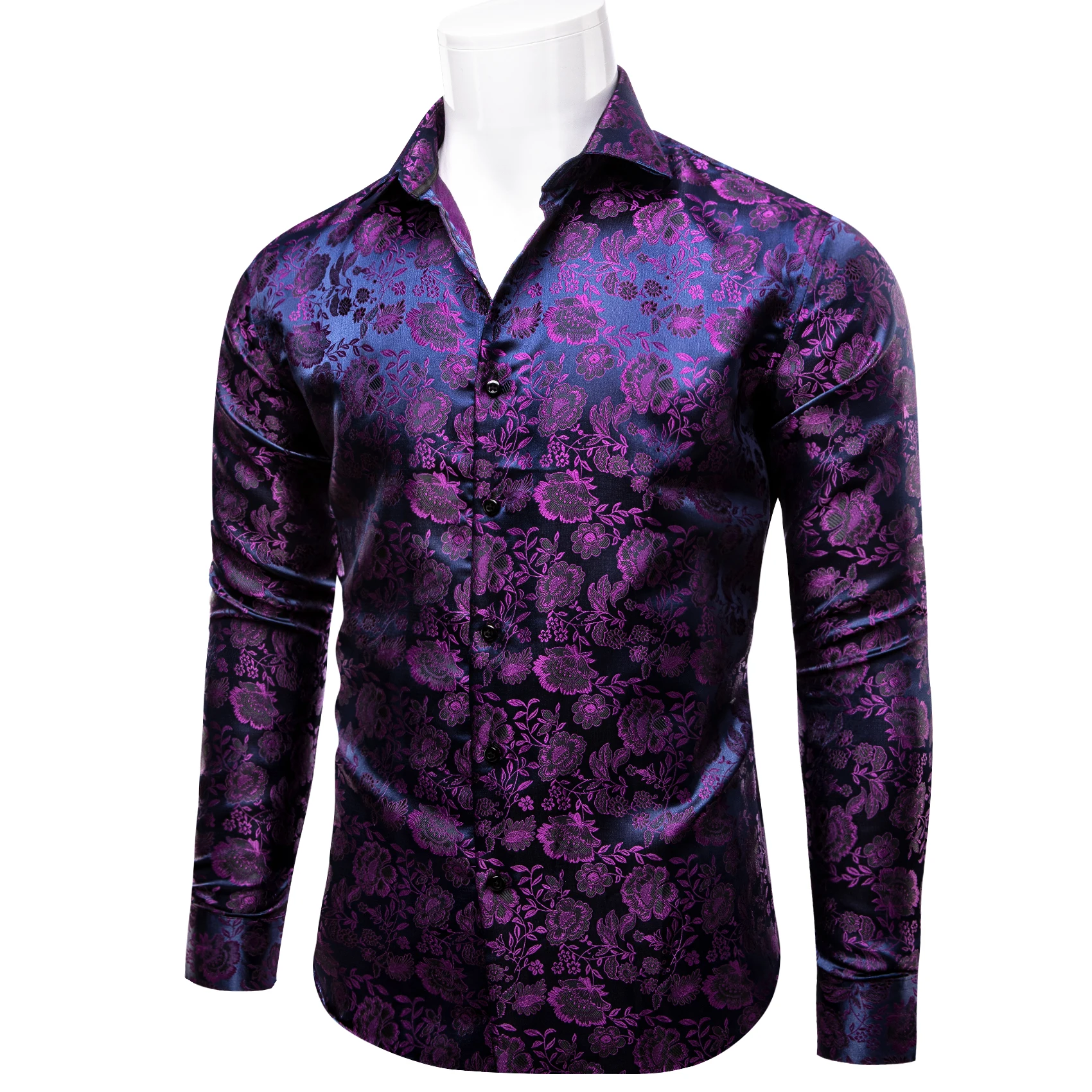 

Men Shirt Purple Floral Luxury Business Silk Shirts for Man Party Wedding Office Long Sleeve Turn-Down Collar Four Seasons