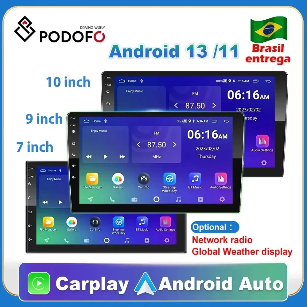 Podofo Android 12 Car Radio Androidauto Carplay 2 Din GPS Car Audio 7\