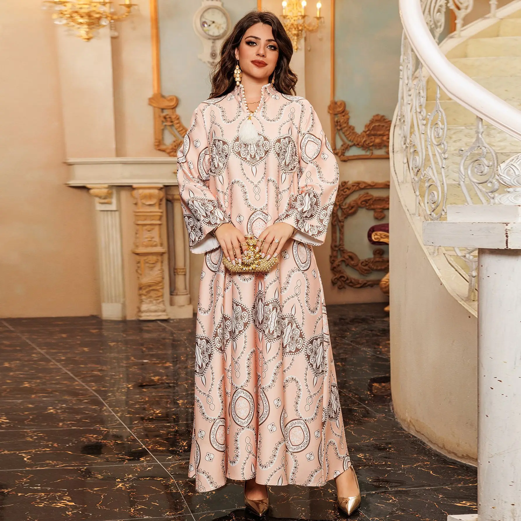 2025 Eid Muslim Elegant Abaya for Women Dubai Turkey Pearls Tassel Robes Ramadan Morocco Long Sleeves Printed Casual Party Dress