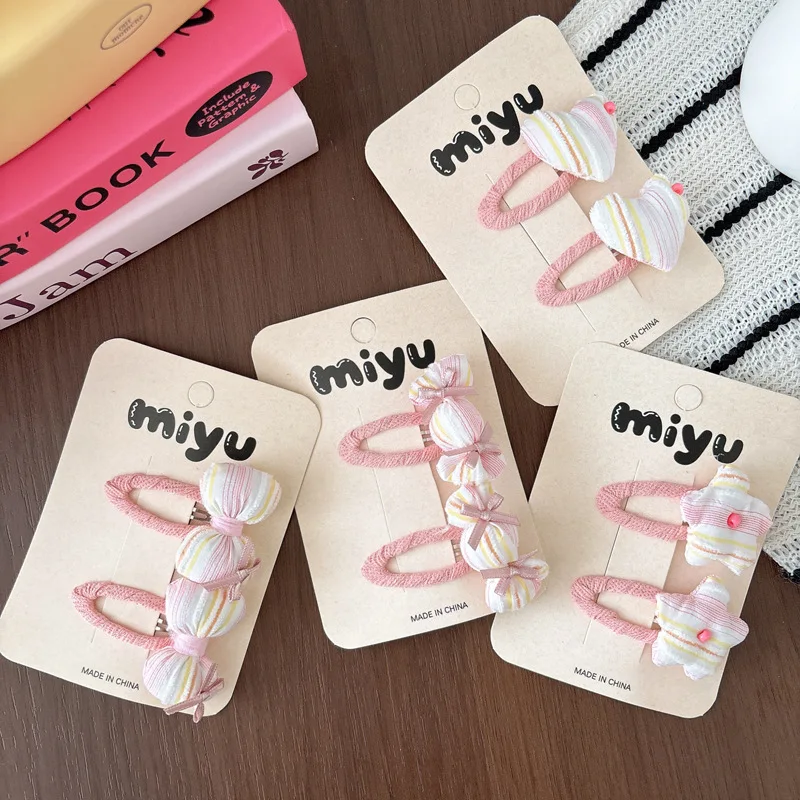 

2PC Baby Hair Clips Set Striped Print Elastic Hairbands Kids Star Heart Candy Snap BB Barrettes Girls DIY Wrapped Hairpins