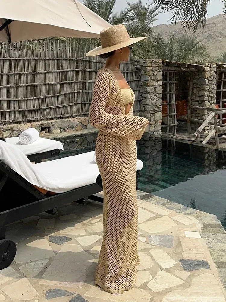 Sexy U-neck Bell Sleeve Knit Maxi Dress Summer 2024 Women Swimwear Feminine Bikinis Cover-ups Holiday Crochet Beach Outfit K21