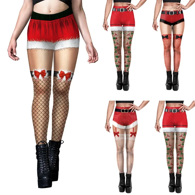 Women Christmas Fake Stocking Print Leggings Digital Printed Suspender Tights Pattern Stretch Skinny Pants Party Trousers
